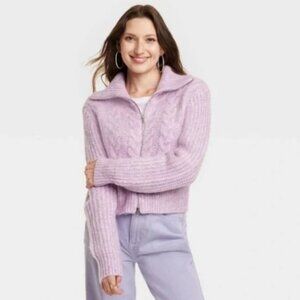 Universal Thread Lavender Cable Knit Women's M Sweater purple zip front soft EUC